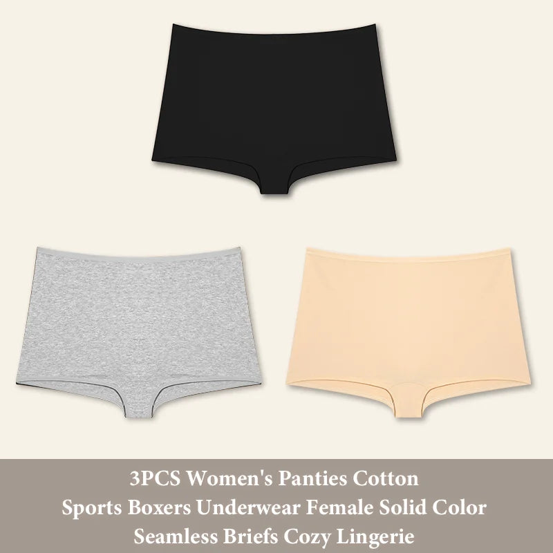 3PCS Women's  Cotton Seamless Panties Sports Boxers Underwear Female Solid Color Briefs Cozy Lingerie Intimate Underpants XS-XL