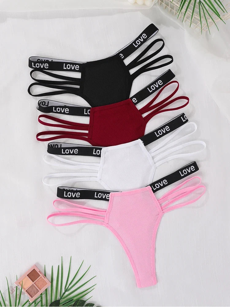 4pcs/pack Low Waist Ribbed Lady thongs Underwear Breathable Comfortable Women's G-string Letter Decor Elegant New Style Lingerie