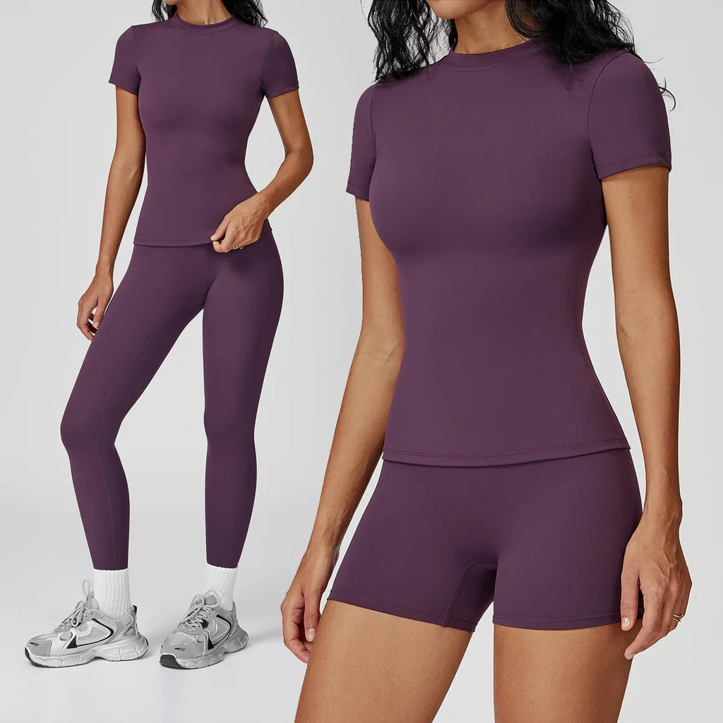 New Yoga Set Two Piece Women Short Sleeve Top with High Waist Leggings Seamless Workout Clothes Patchwork Sport Fitness Gym Sets