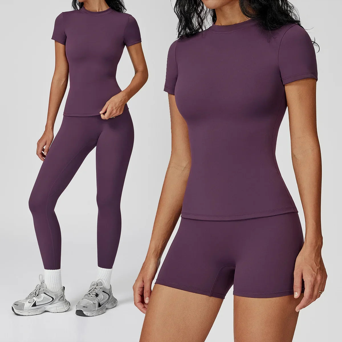 New Yoga Set Two Piece Women Short Sleeve Top with High Waist Leggings Seamless Workout Clothes Patchwork Sport Fitness Gym Sets