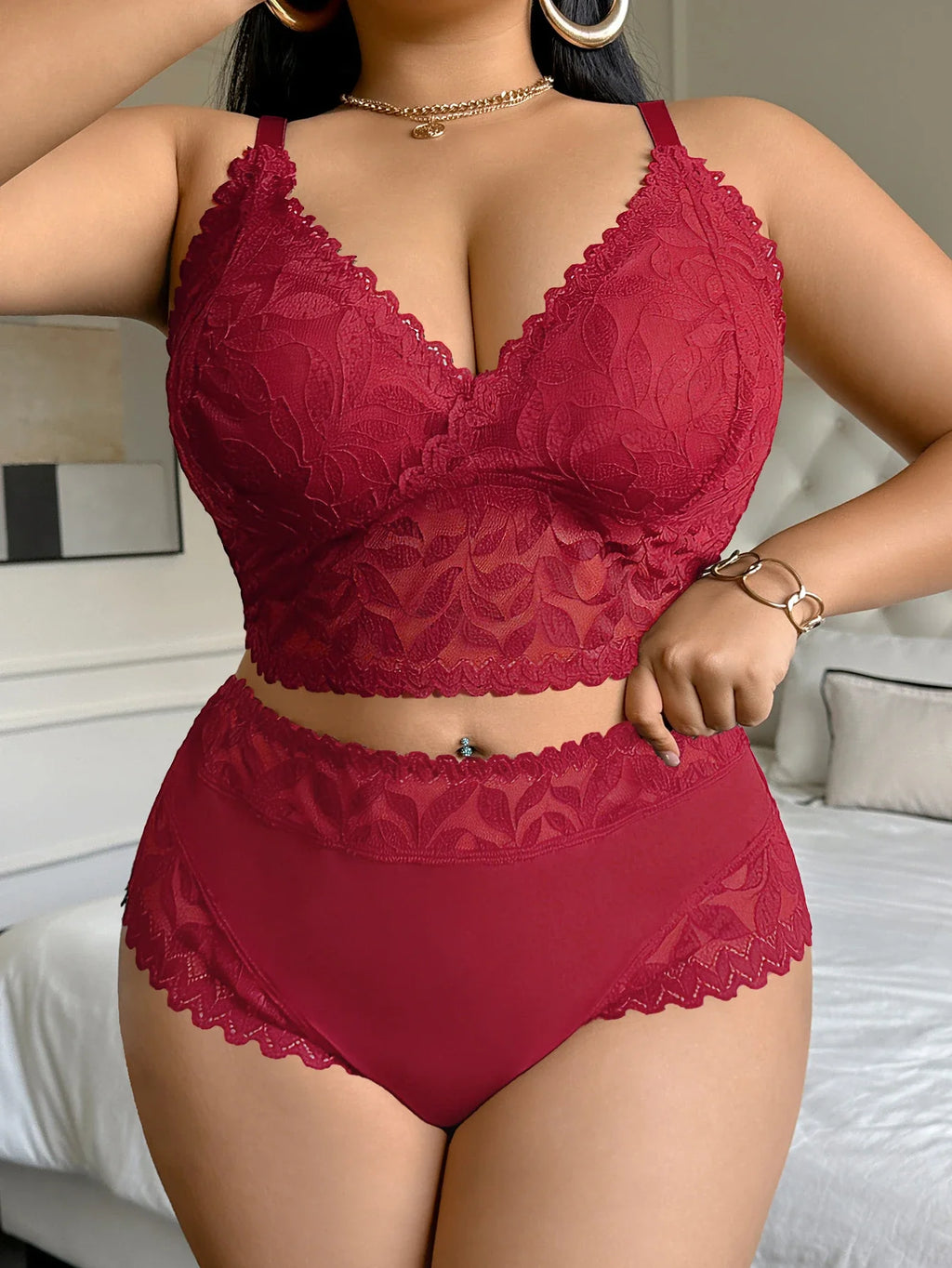 Plus Size Lace Women's Sexy Lingerie Set Soft Wireless Unlined Bra Mesh Spliced Breathable Panties Floral Lace Bra Set
