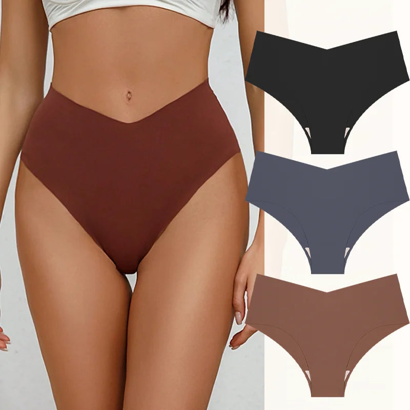 3PCS Women's Seamless Maillard Underwear Sexy V-Shaped Mid Waist Ice Silk Briefs 10 Soild Color Cozy Stretch Sexy Underpant S-XL
