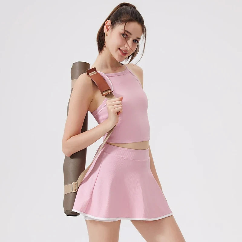 2PCS Women Tracksuit Yoga Set Gym Bra Sports Short Skirt Workout Sportswear Running Tennis Clothing Gym Wear Athletic Sport Suit