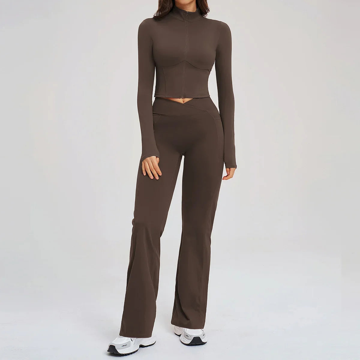 2PCS Yoga Set Gym Clothes Sportswear Seamless Women Fitness Long Sleeved Tracksuits Sports Workout Gym Flared Leggings Athletic