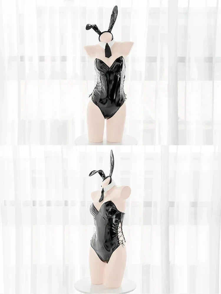 Mai Sakurajima Bunny Girl Cosplay Costume Women Sexy Lingerie PU Leather Bodysuit with Tie and Headband Set Anime Outfit
