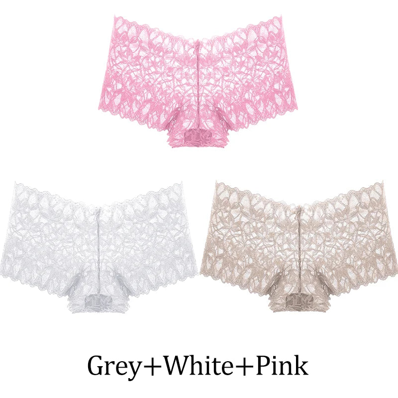 3Pcs Women Lace Boyshort Panties Low-Rise Sexy Underwear Trendy Floral Underpants Female Sexy Boyshort Panties Ladies Lingerie