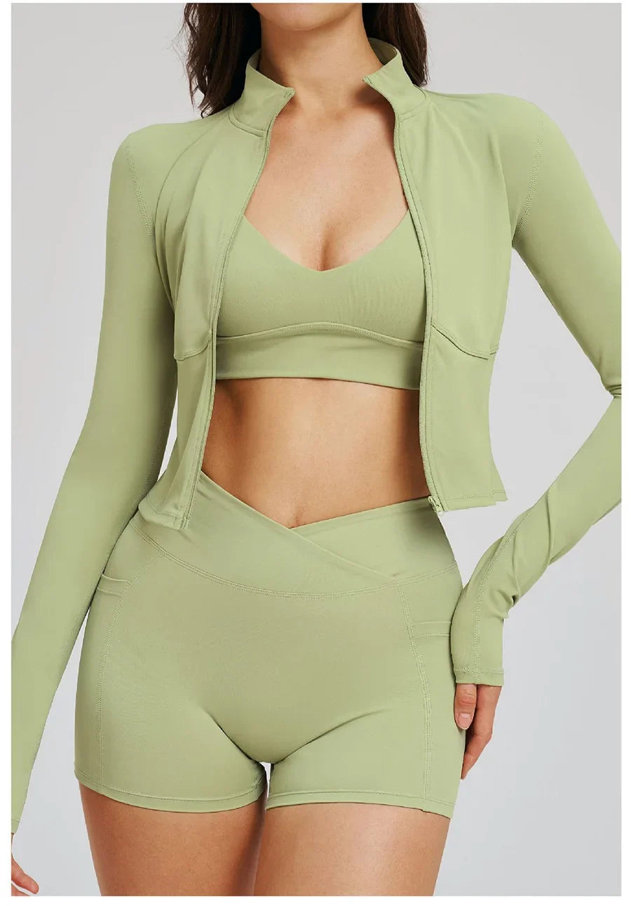New 3 Pieces Yoga Set Women Workout Sportswear Gym Clothing Fitness Long Sleeve Crop Top Shorts Leggings Female Sport Bra Suits