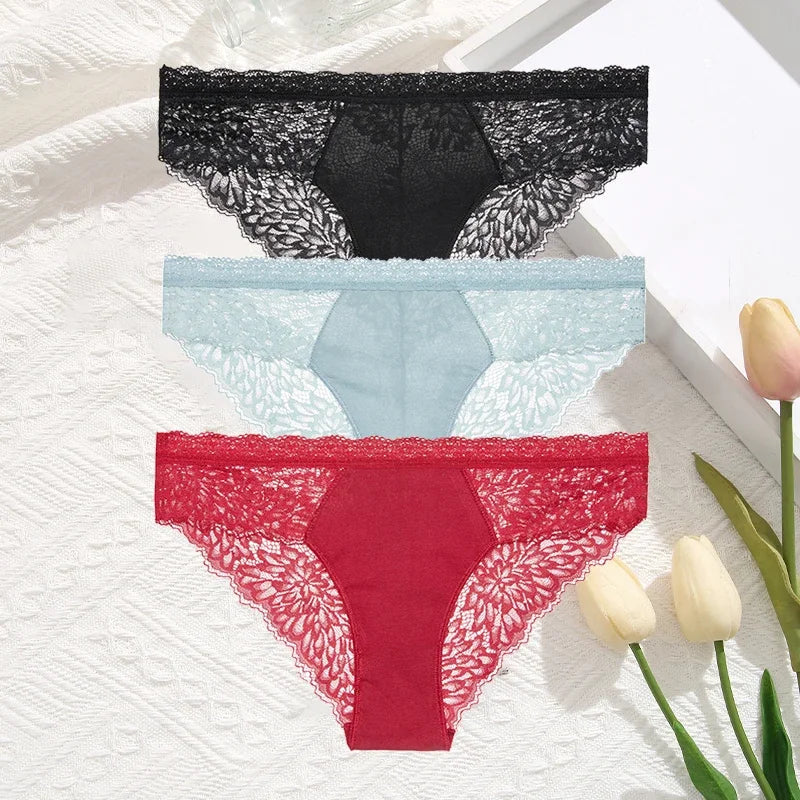 3Pcs/Set Seamless Lace Women Panties Transprant Hollow Out Low Waist Briefs Female Solid Soft Breathable Lingerie Underwear