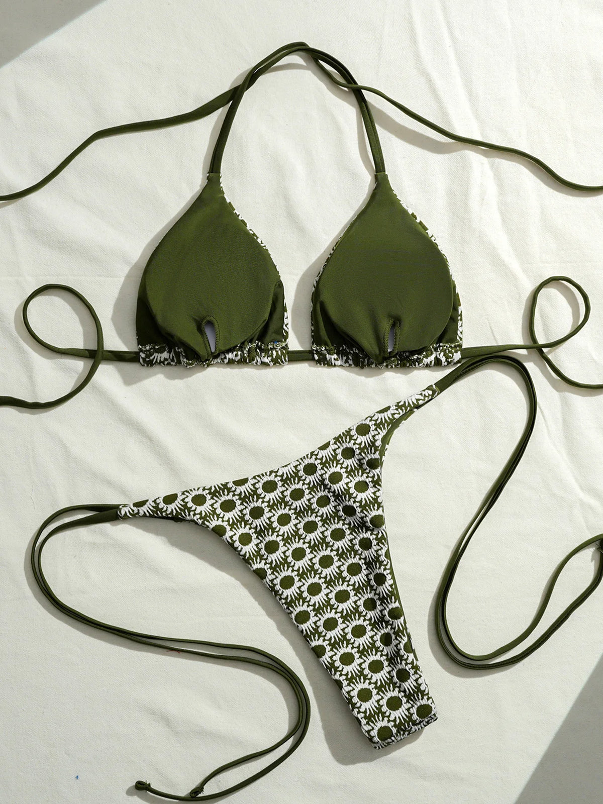 Sexy Green Sunflower Print Mini Bikini 2026 Women Halter Push Up Bra Tie Side Bandage Thong Swimsuit Beach Bathing Suit Swimwear
