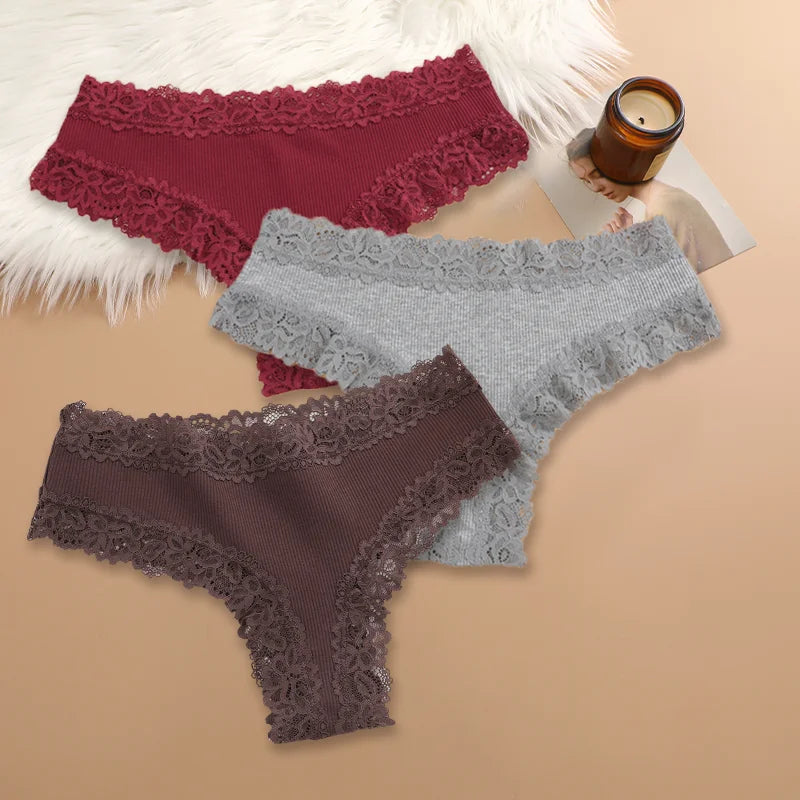 3Pcs Sexy Women Cotton Brazilian Pants Lace Brazilian Briefs Low Waist Floral Solid Color G-string Breathable Soft Lingerie