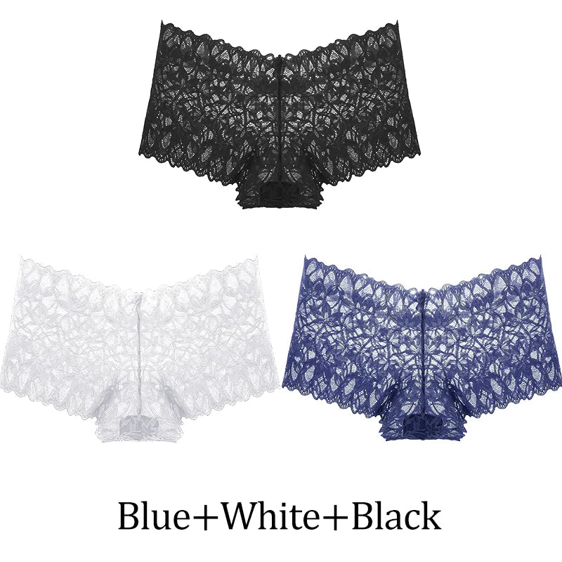 3Pcs Women Lace Boyshort Panties Low-Rise Sexy Underwear Trendy Floral Underpants Female Sexy Boyshort Panties Ladies Lingerie