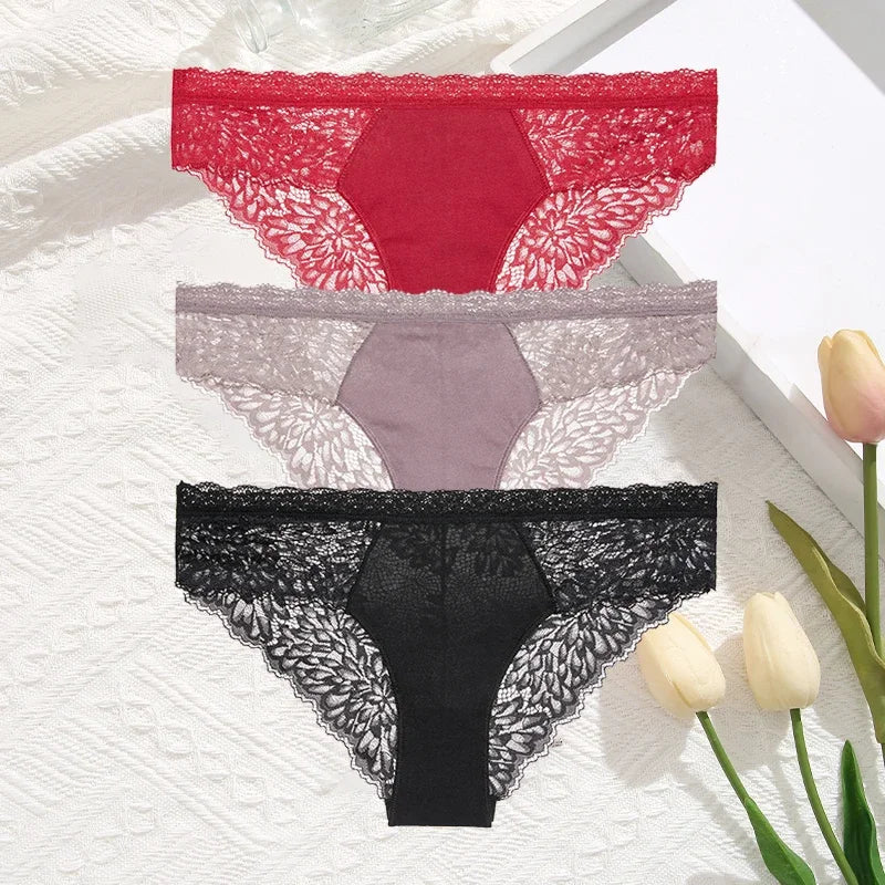 3Pcs/Set Seamless Lace Women Panties Transprant Hollow Out Low Waist Briefs Female Solid Soft Breathable Lingerie Underwear