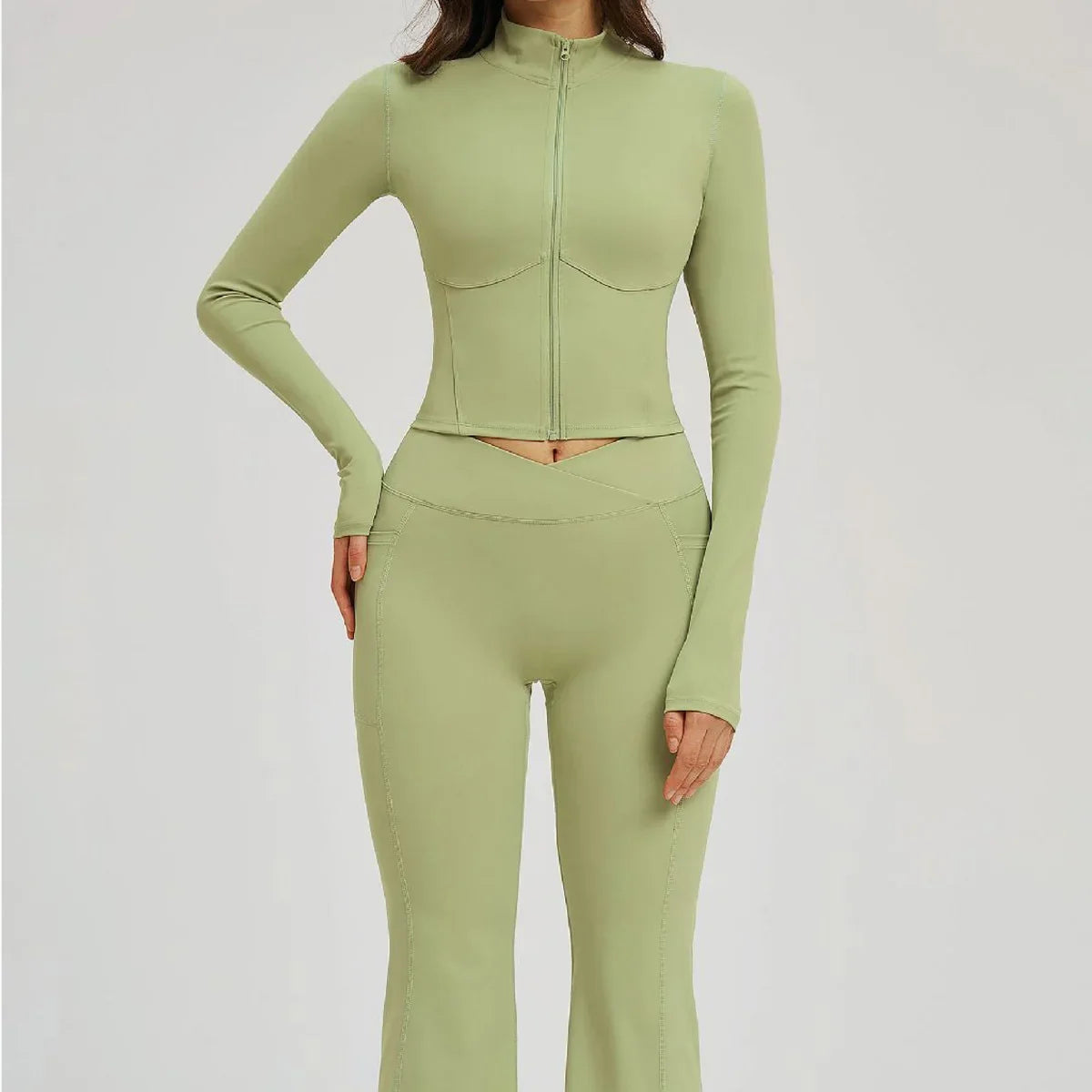 2PCS Yoga Set Gym Clothes Sportswear Seamless Women Fitness Long Sleeved Tracksuits Sports Workout Gym Flared Leggings Athletic