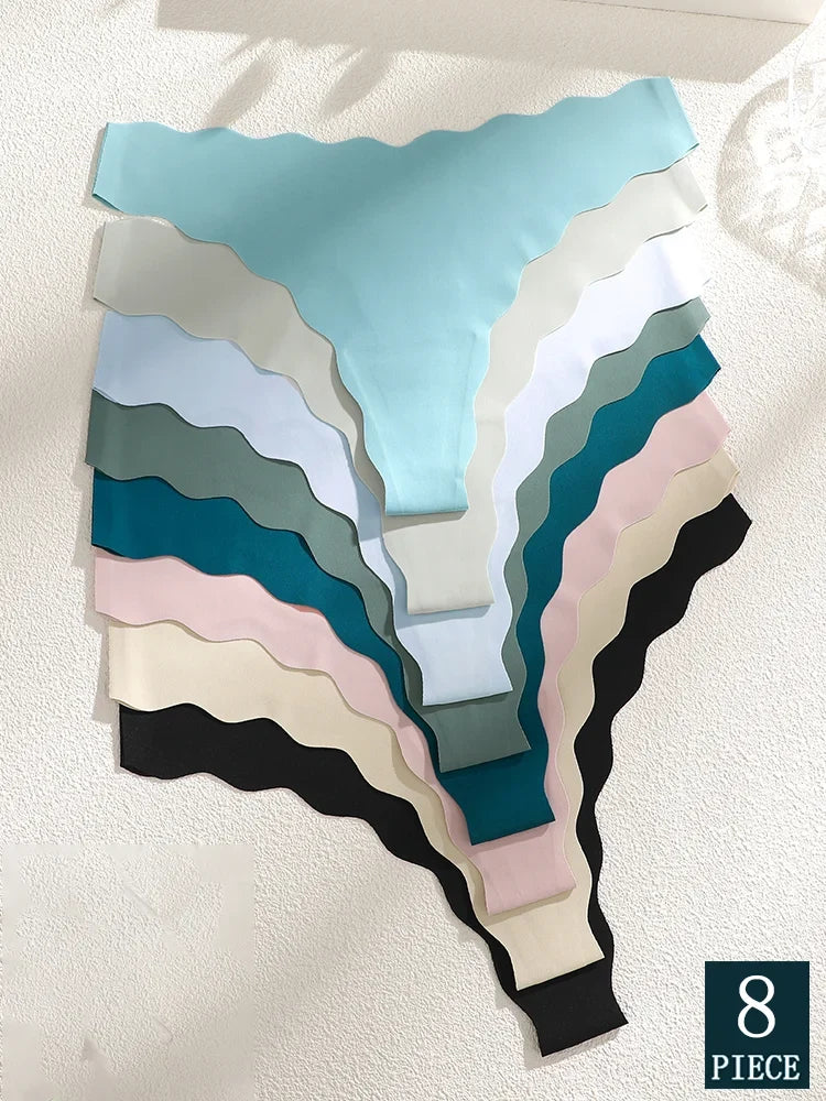 8PCS Women Seamless Panties Ultra-thin Panties Women Ice Silk Wavy Design Underwear Sexy Panty Low Waist G-string Female Solid