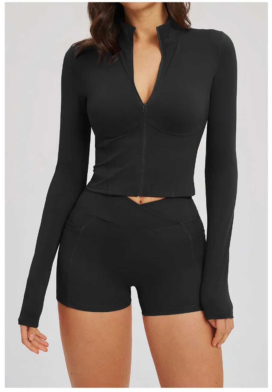 Yoga Suit Women Tracksuit Long-sleeved Jacket Shorts Suit Outfit Gym 2PCS Set Fitness Running Workout Clothes Push Up Sportswear