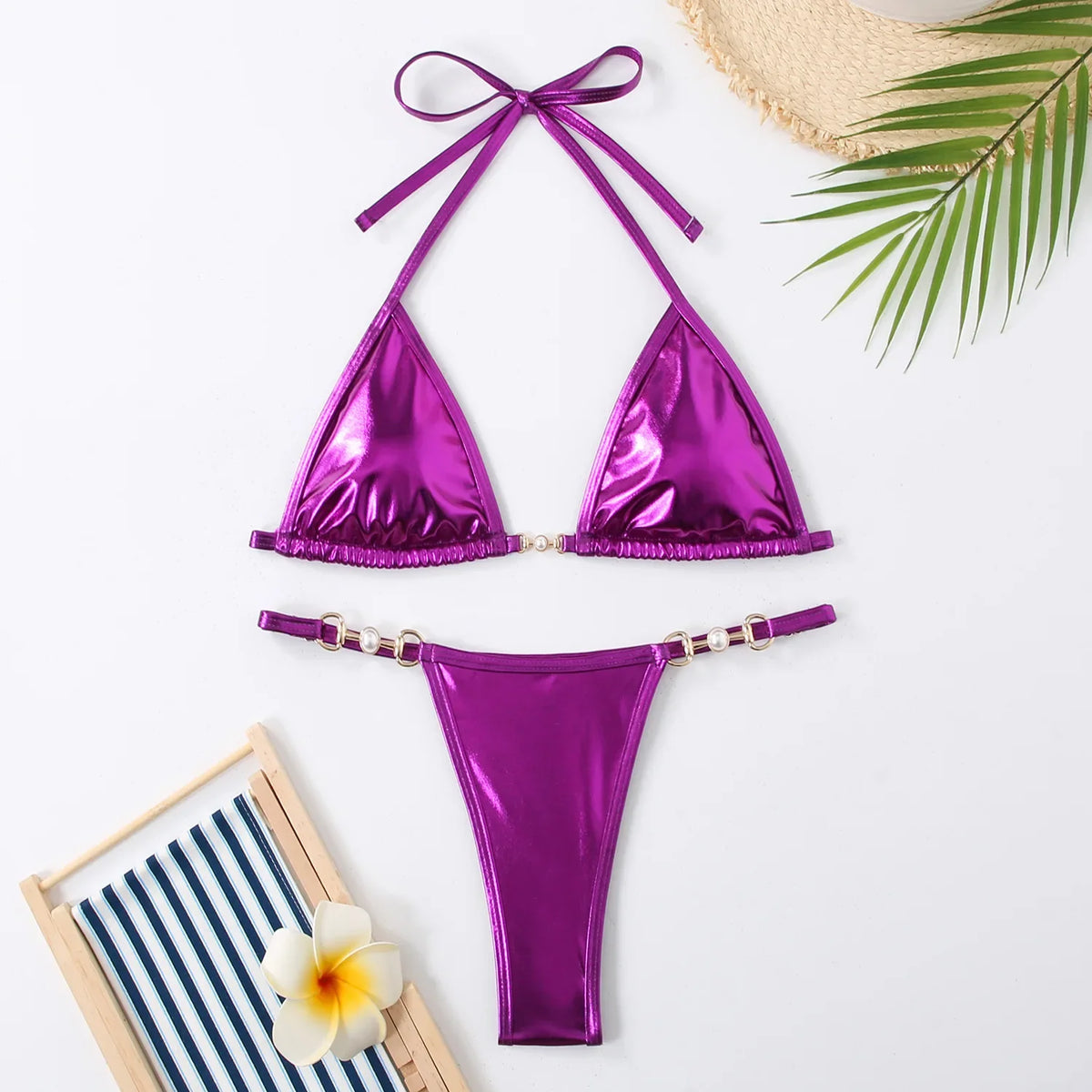 Shiny Pink Micro Bikini 2026 Mujer Women Sexy PU Pearls Push Up Thong Swimsuit Summer Bathing Suit Bandage Holiday Swimwear
