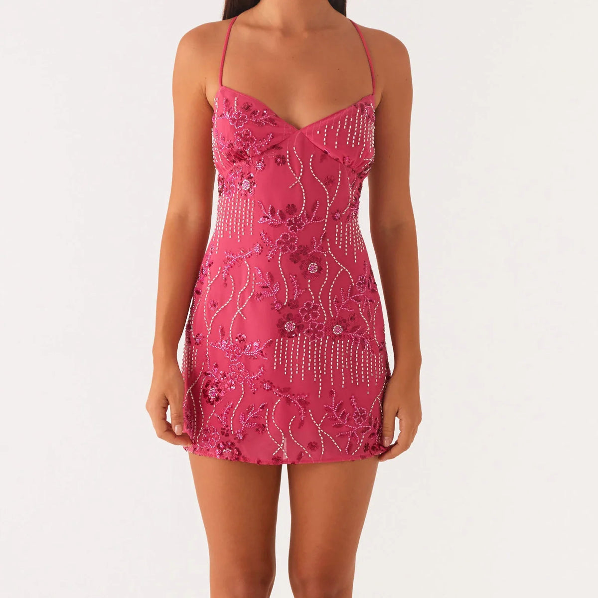 Sexy Glitter Sequin Mini Dress Women Flower Embroidery Deep V-neck Sleeveless Cami Dress Backless Spaghetti Strap Party Vestidos