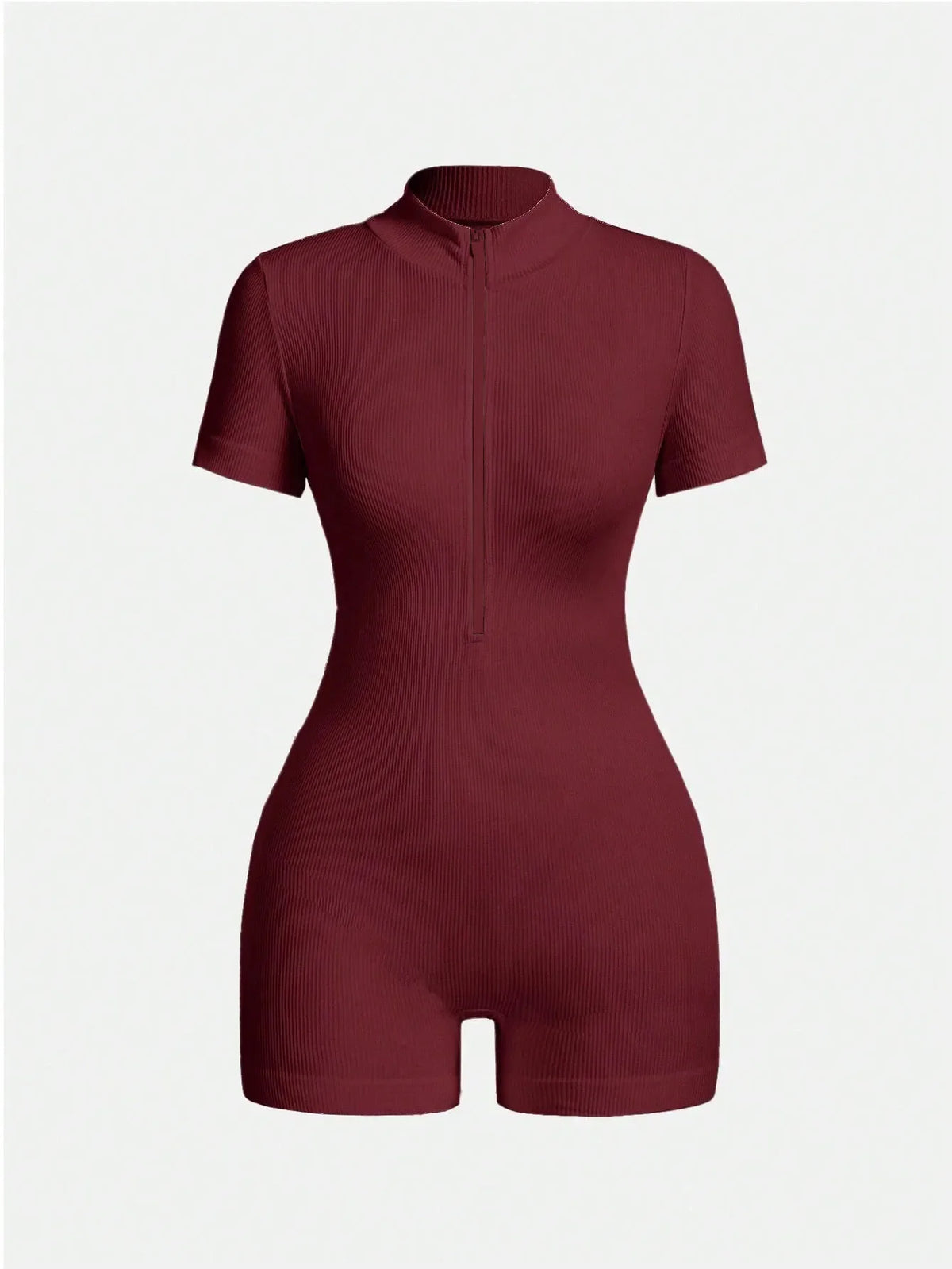 Women's Solid Color Half Zip Ribbed Knit Short Sleeve Romper Sports Soft Slim Fit Mock Neck Jumpsuit Streetwear 2025 Summer