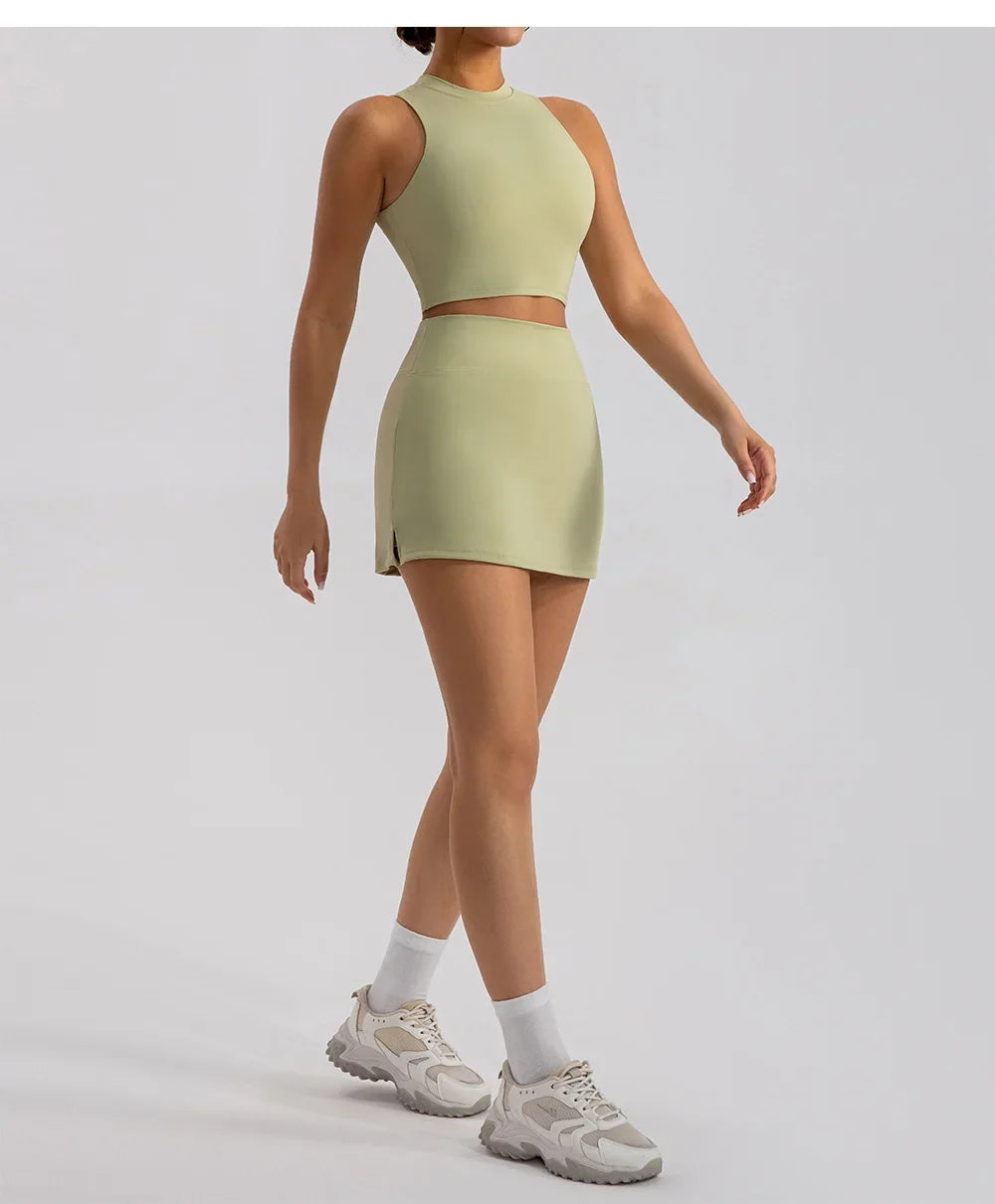 Sports Short Skirt Yoga Set 2PCS Women Tracksuit Gym Tennis Skirt Set Workout Sportswear Golf Dance Athletic Sport Suit