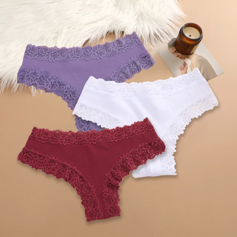 3Pcs Sexy Women Cotton Brazilian Pants Lace Brazilian Briefs Low Waist Floral Solid Color G-string Breathable Soft Lingerie