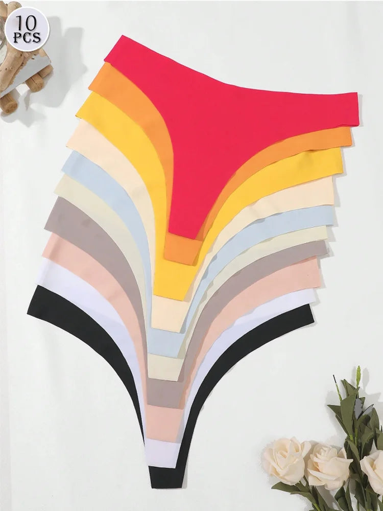 10PCS/Set Seamless Ice Silk Panties Women V-Waist Underwear Sexy Sports Briefs Panties Female Soft Ultra-thin Lingerie G-string