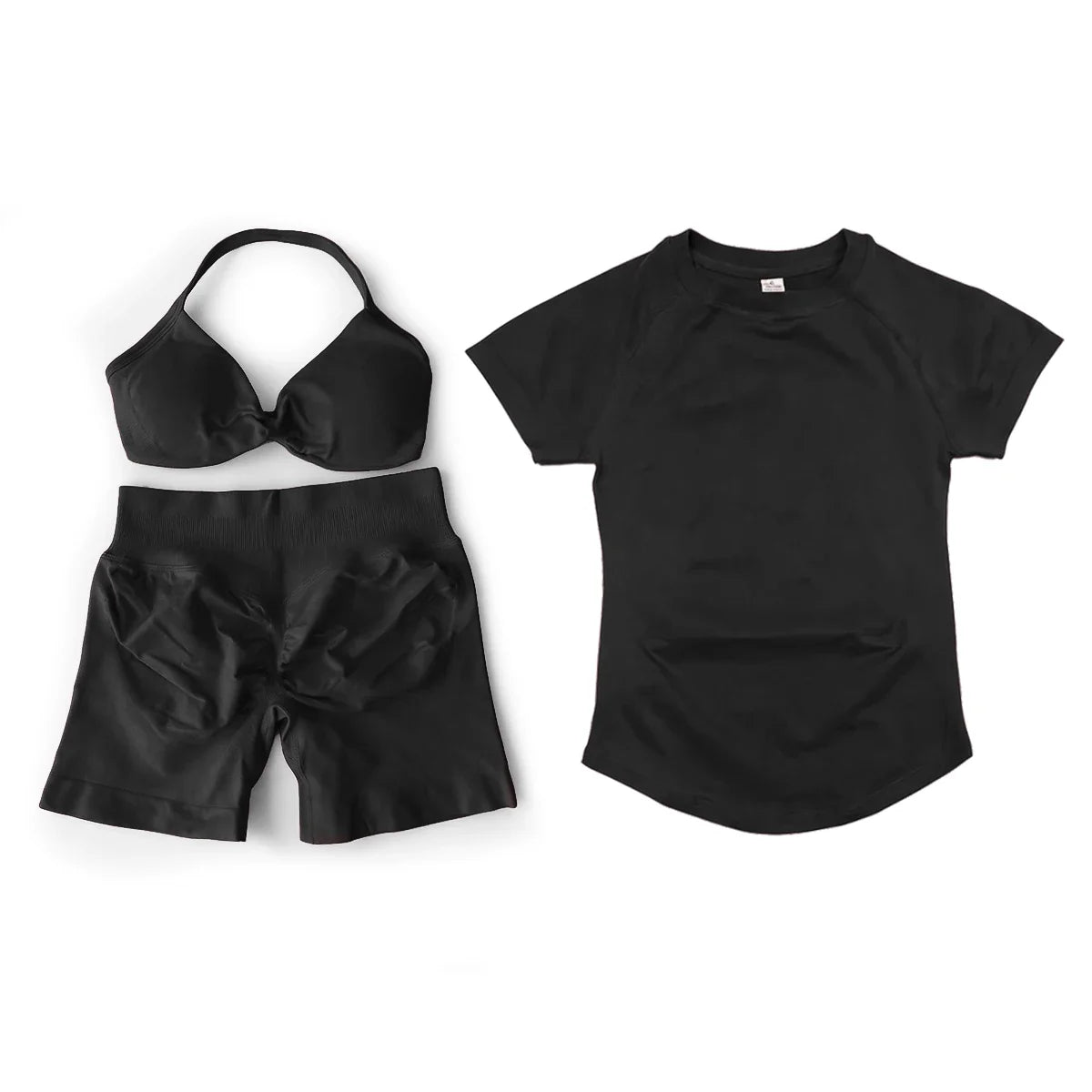 3 Pcs Gym Set Woman Short Sleeve Sport T-Shirt & Seamless Scrunch Gym Shorts & Strappy Bra Fitness Workout Suits Gym Clothing