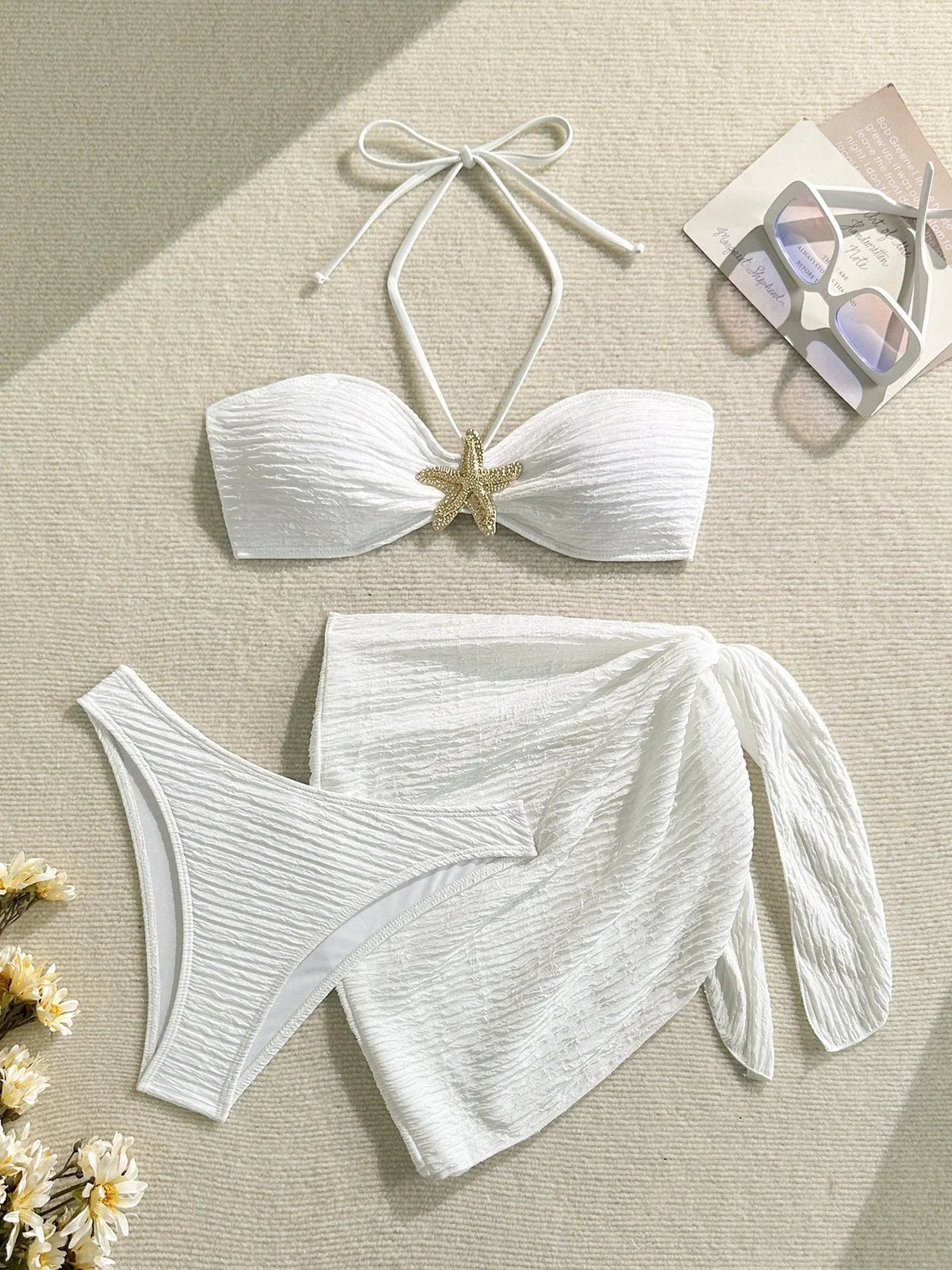Sexy Metal Starfish Bikinis Set Women Brown Bandeau Push Up Mesh Skirt 3 Piece Swimsuit 2025 Beach Bathing Suit Holiday Swimwear