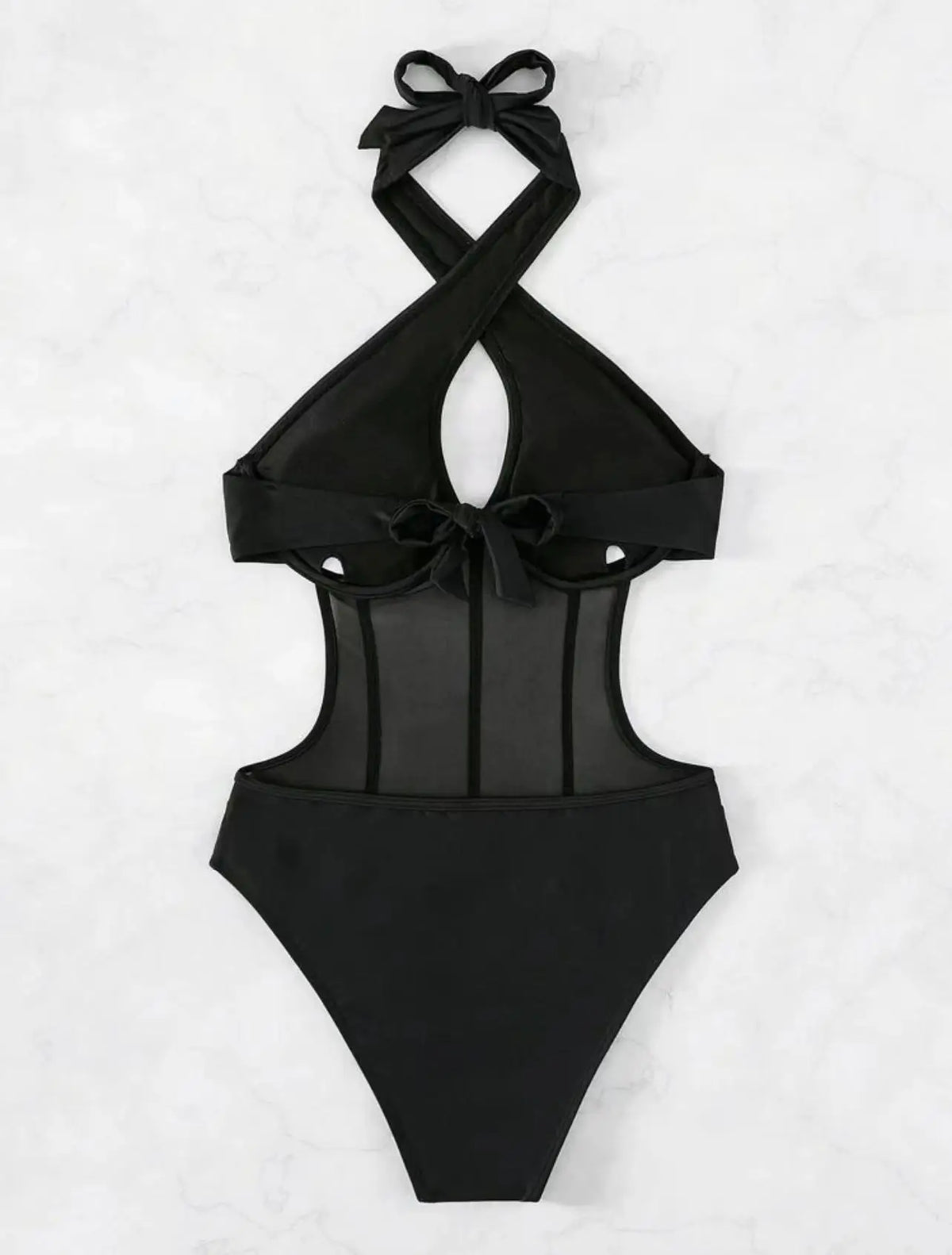 Sexy See Through One Piece Swimsuit 2025 Women Halter Corss Underwire Tummy Control Swimwear Solid Black Hot Pink Bathing Suits