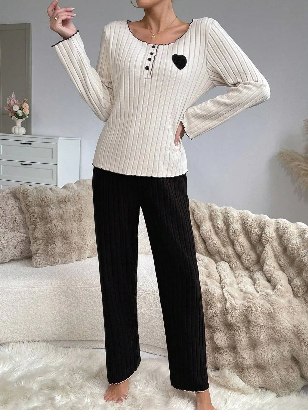 Women Autumn Winter Sleepwear Casual Long Sleeve Heart Printd Tops and Long Trousers Pajamas Set Homewear Loungewear