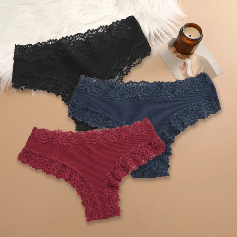 3Pcs Women Cotton Brazilian Pants Sexy Lace Brazilian Briefs Low Waist Floral Solid Color G-string Breathable Soft Lingerie
