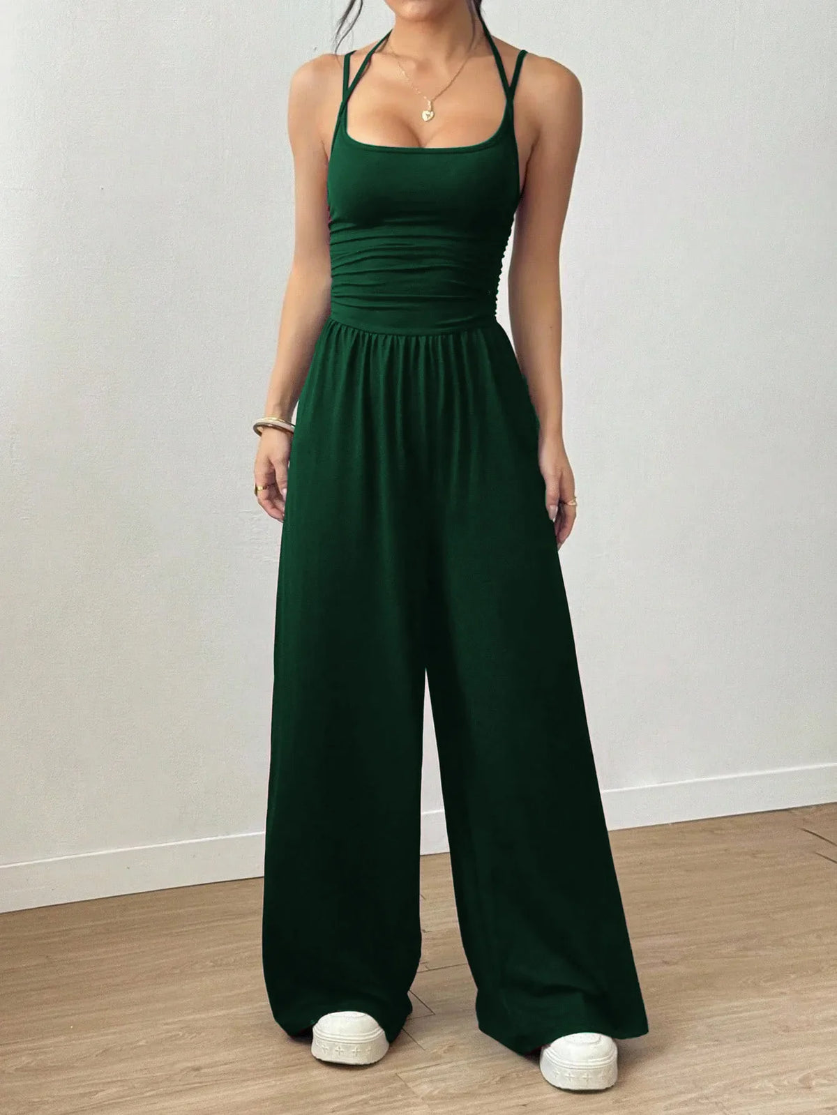 Women's Casual Solid Color Pleating Loose Straight Jumpsuit A-line Backless Halter Neck Slim Cami Jumpsuit Streetwear 2025