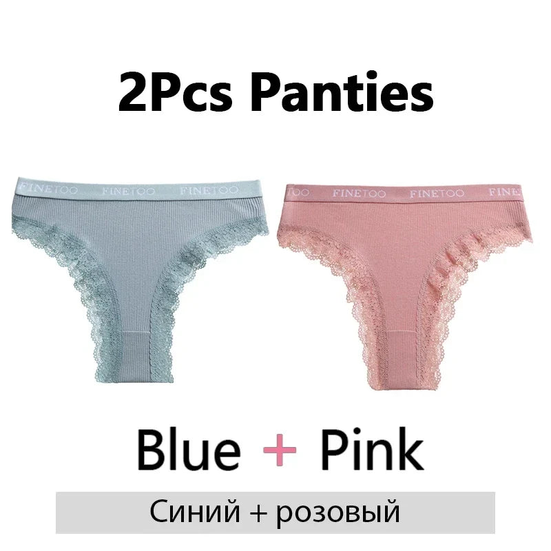 FINETOO 2Pcs/Set Women Cotton Brazilian Panties Plus Size M-2XL Lingerie Sexy Lace Underwear Low Rise Girls Intimates Underpants