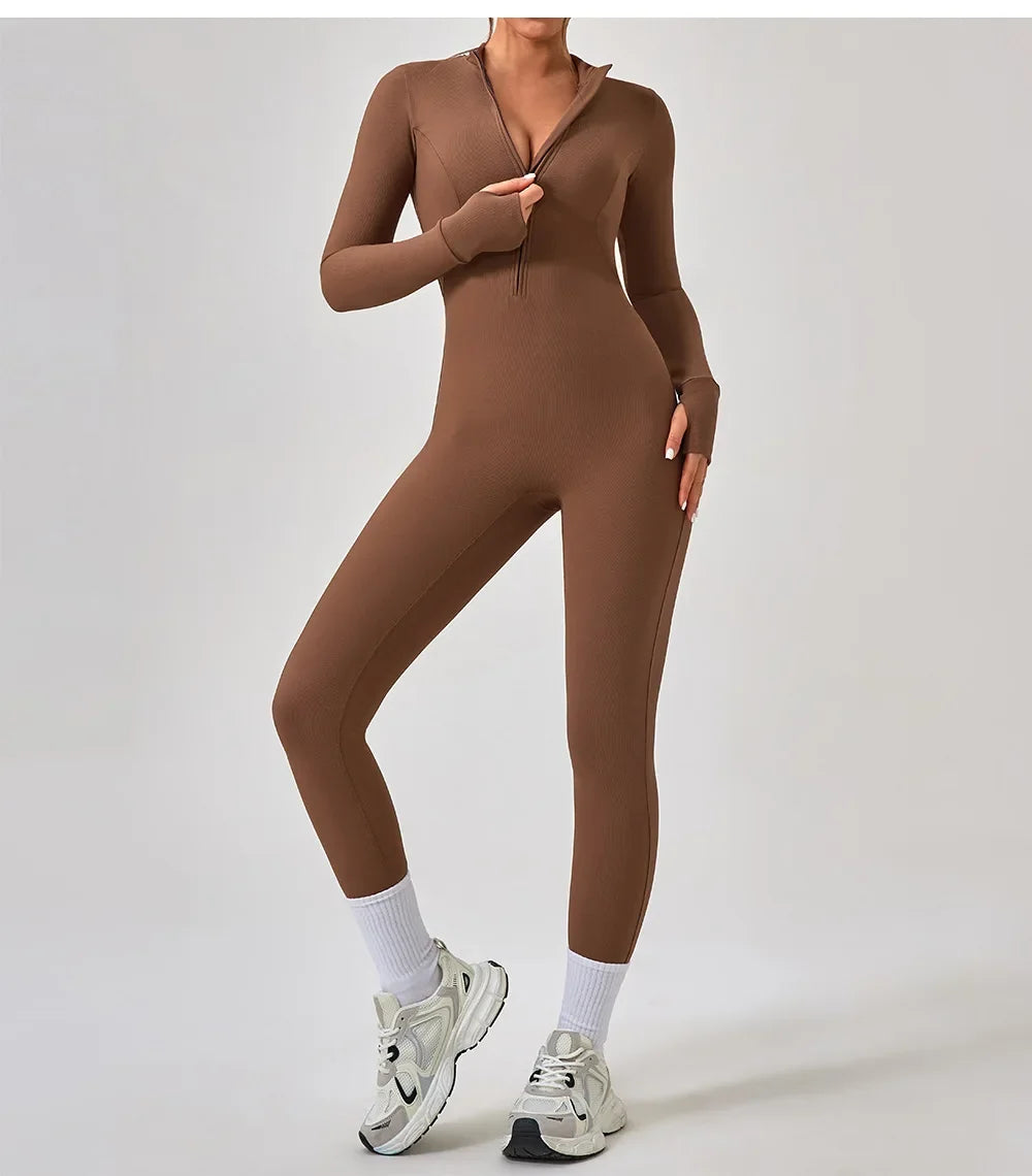Women's Jumpsuits One-Piece Suit Yoga Set Zipper Long Sleeve Gym Push Up Workout Clothes Fitness Bodysuit Sportswear Tracksuit