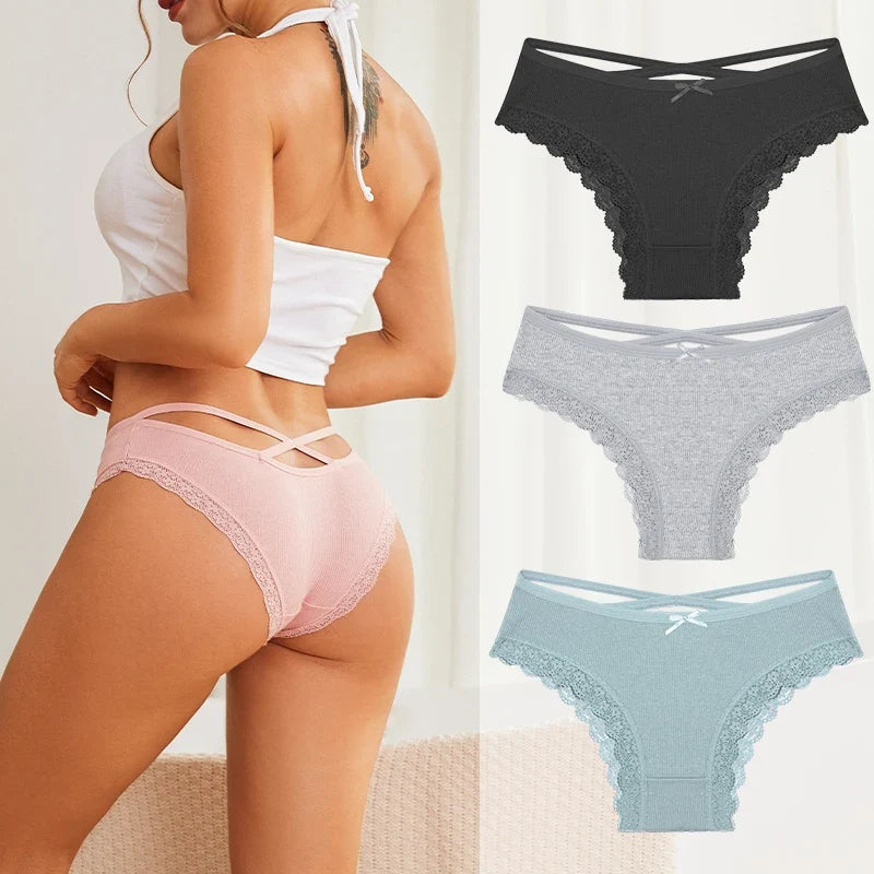 3PCS/Set Women Cotton Panties Low Waist Sexy Lace Brazilian Briefs Female Cross Webbing Underpants Soft Breathable Lingerie S-XL