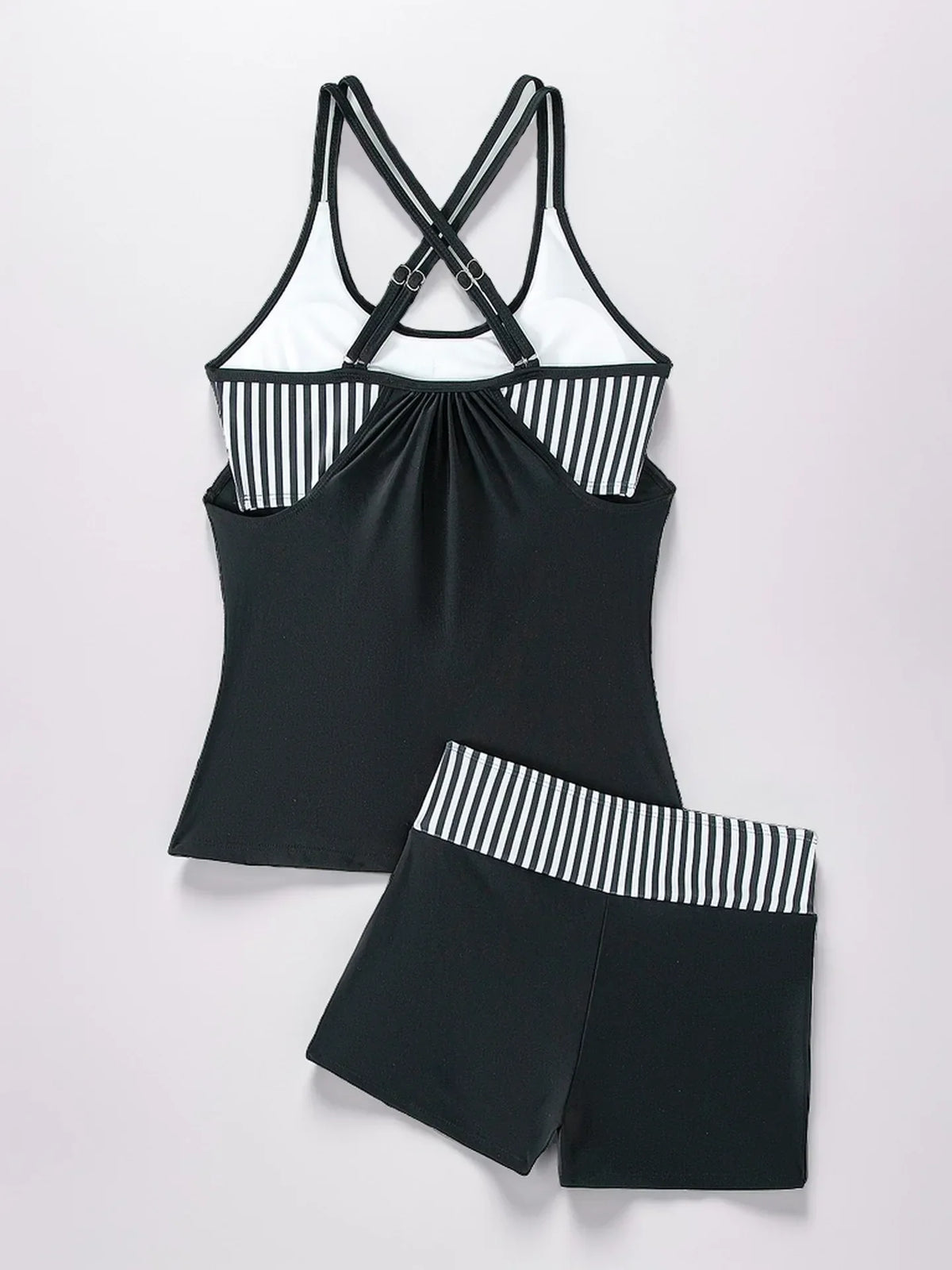 Women's Conservative Two Piece Swimsuit Black Stripe Print Patchwork Crop Top Tankini Set Beach Bathing Suit High Waist Swimwear