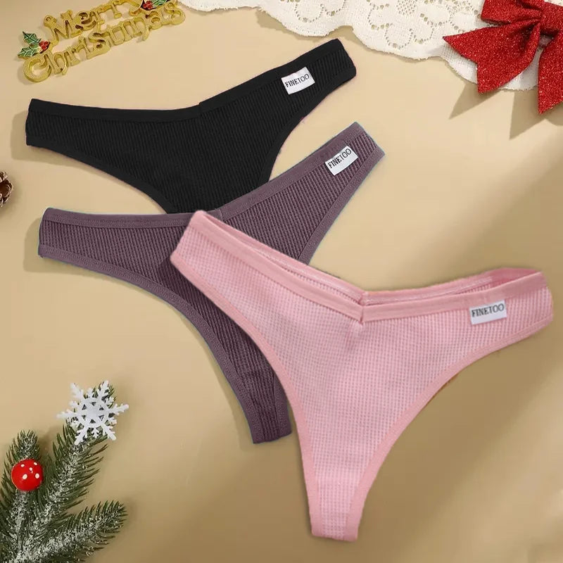 3Pcs Women Christmas Waffle Style G-string Cotton Panties Ladies Soft Thongs Female S-XL Low-Rise T-Back Panties Bikini Bikini