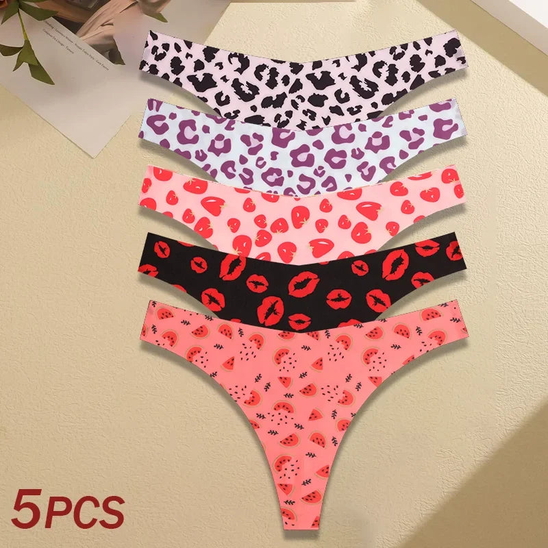 5Pcs Women Ultra-thin Seamless G-string Seamless Print Thongs Sexy Panties Ladies Soft Cute Thongs Female S-XL T-Back Panties