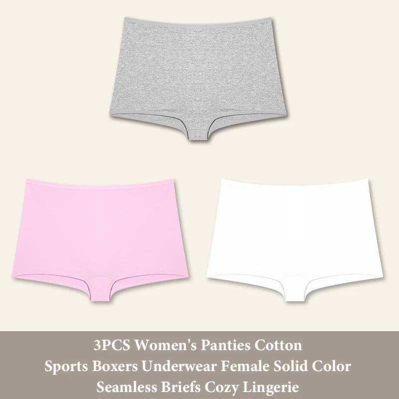 3PCS Women's  Cotton Seamless Panties Sports Boxers Underwear Female Solid Color Briefs Cozy Lingerie Intimate Underpants XS-XL