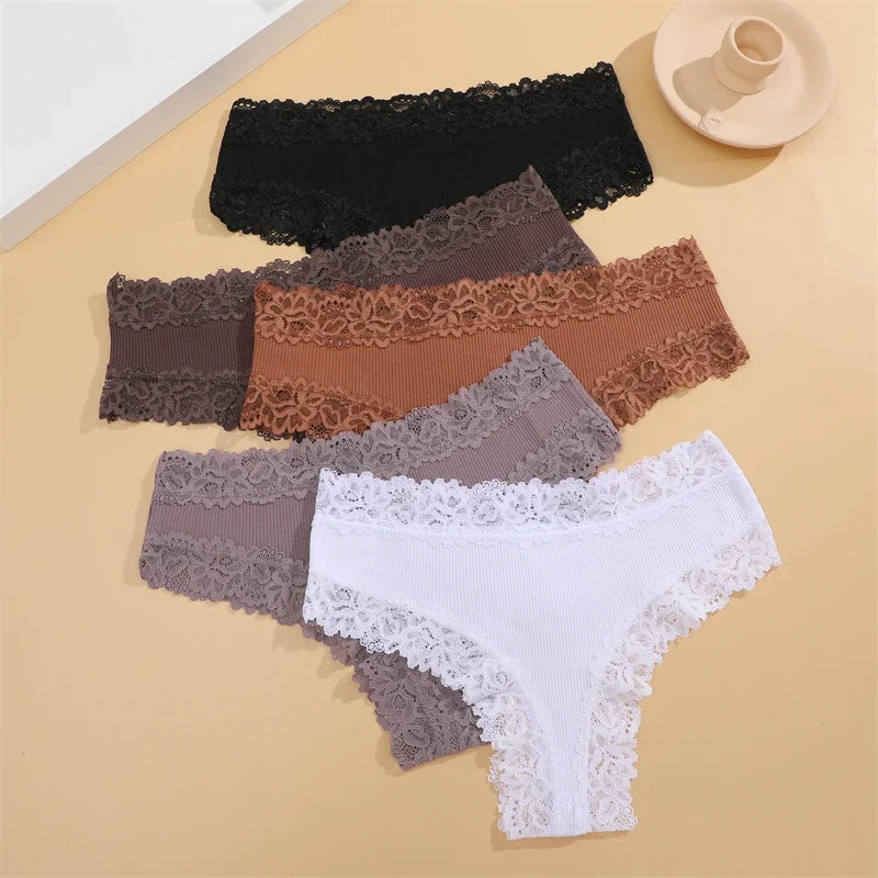 3Pcs Women Cotton Brazilian Pants Sexy Lace Brazilian Briefs Low Waist Floral Solid Color G-string Breathable Soft Lingerie