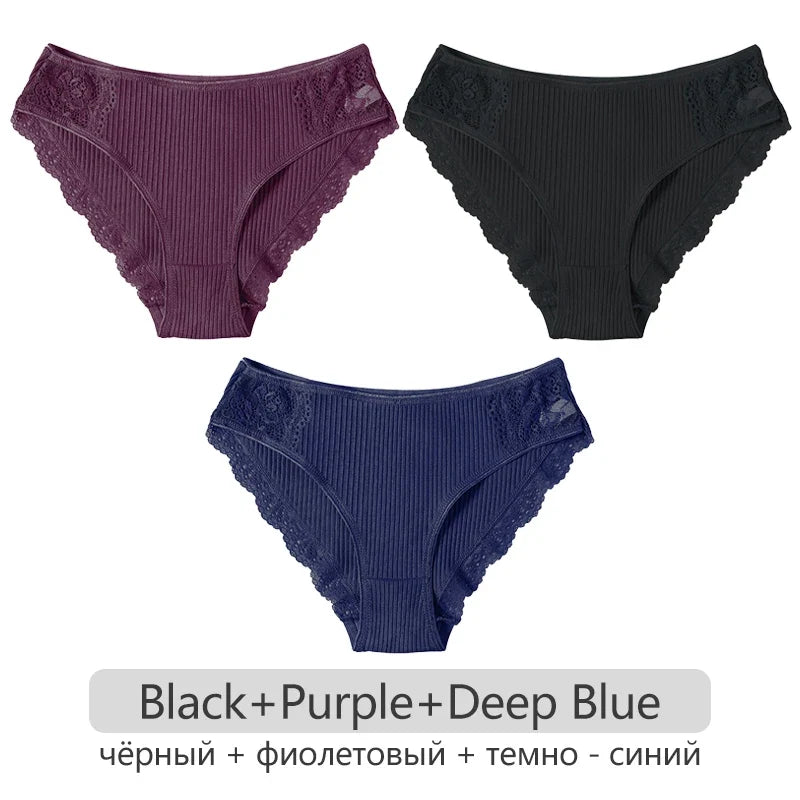 3Pcs/set Women's Cotton Panties M-2XL Trendy Patchwork Lace Underwear Female Low Waist Briefs Ladies Comfortable Underpants 2023