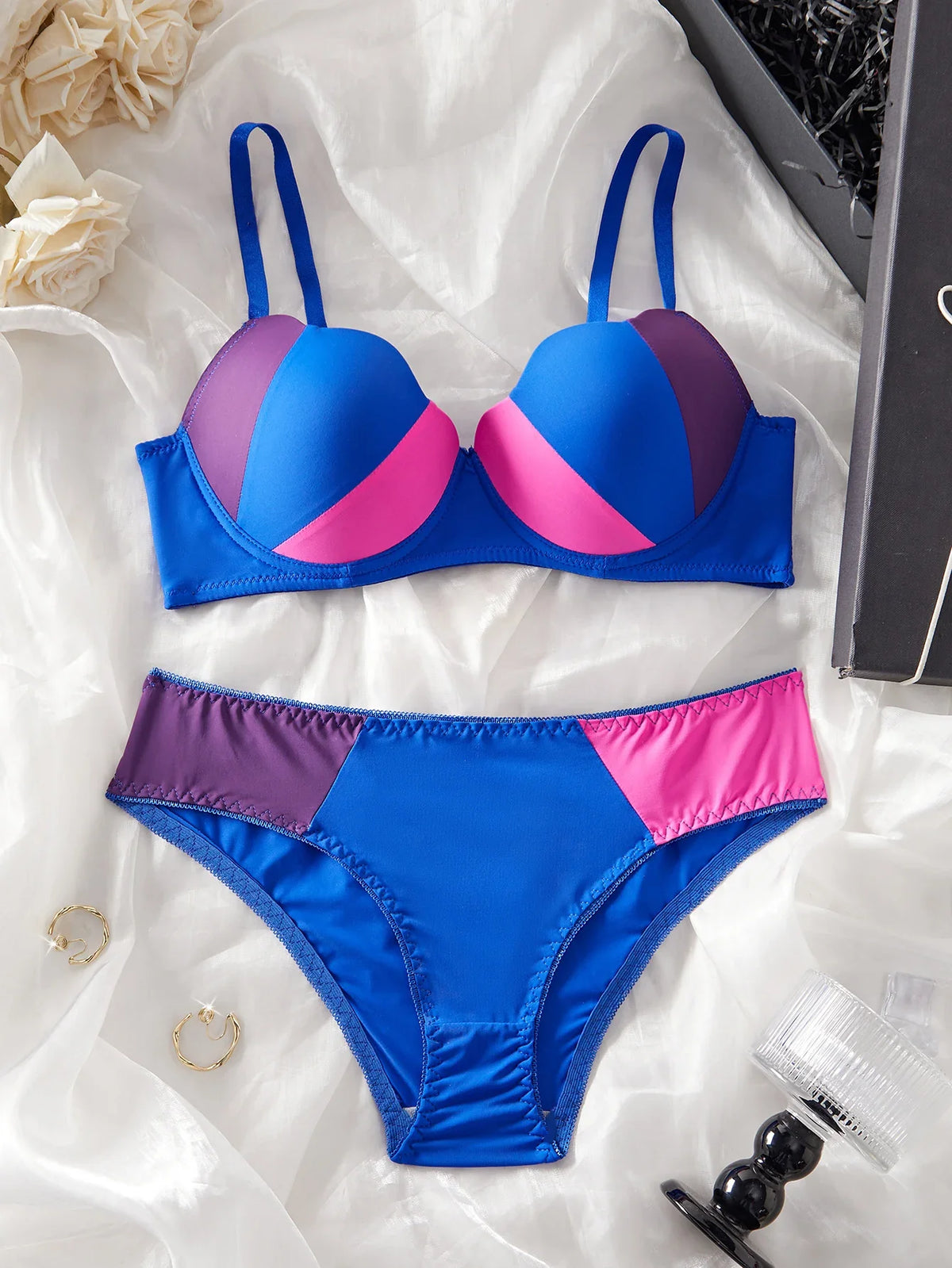Single-Piece Color-Blocked Sexy Beach Swimwear Set with Underwire Push-Up Bra and Panties, Comfortable Shell Cup Design Lingerie, Stretchy Breathable Panties