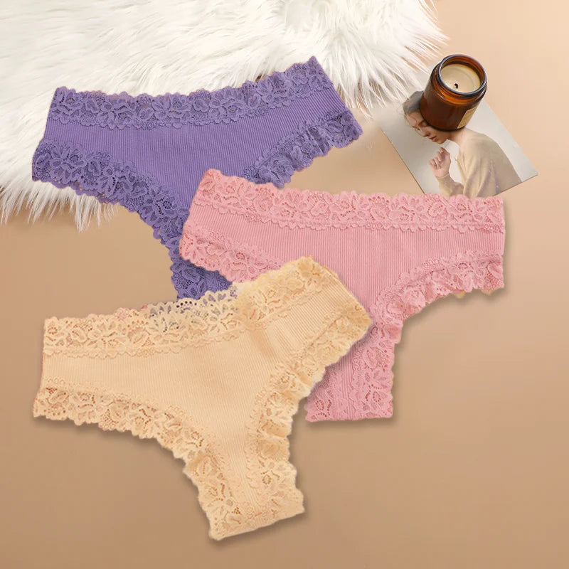3Pcs Sexy Women Cotton Brazilian Pants Lace Brazilian Briefs Low Waist Floral Solid Color G-string Breathable Soft Lingerie