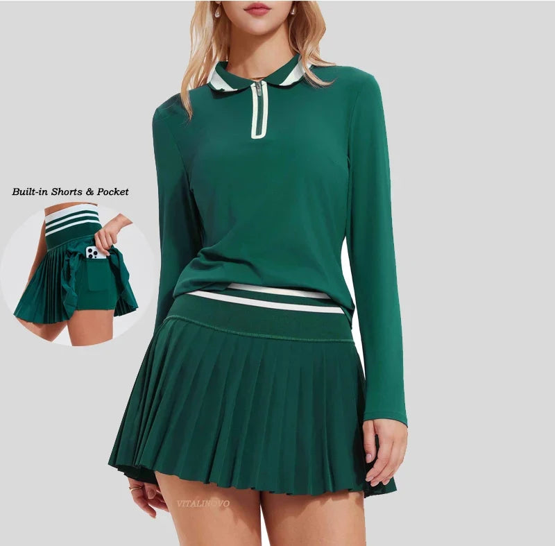 VITALINOVO Tennis Skirt Sets for Women Zipper Color Block Shirts High Waisted Golf Polo Two Piece Skirt Set Women 2 Piece Outfit