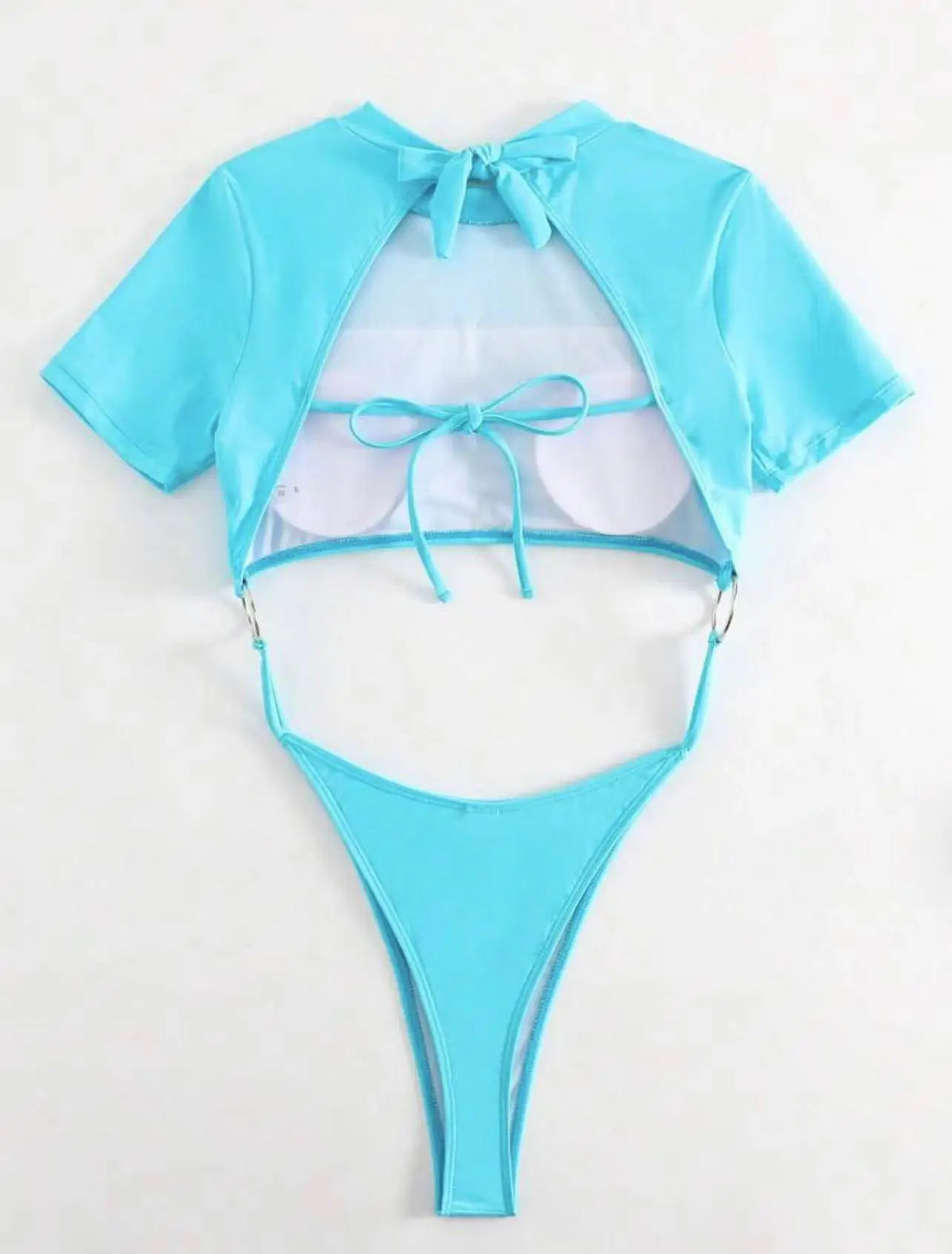Bikini Women Swimsuit 2024 Blue Short Sleeve Hollow Out Thong Monokini Brazilian Beach Bathing Suit Push Up One Piece Swimwear