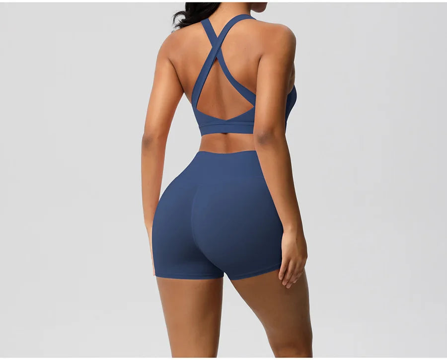 2PCS Yoga Set Women Gym Sports Suits Fitness Bra Crop Top Workout Clothes Female Athletic Wear Push Up Shorts Sportswear
