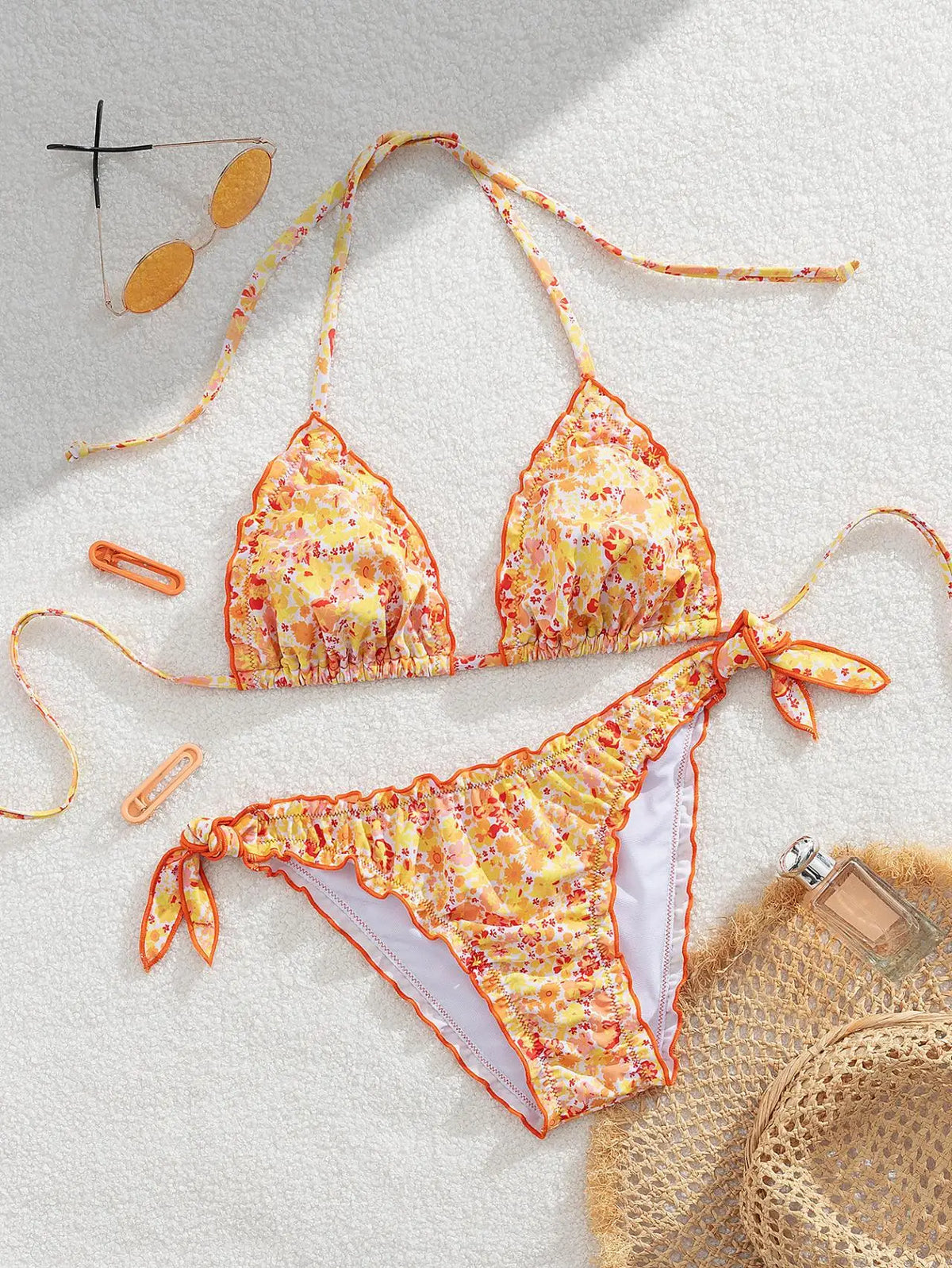 Cute Orange Floral Print Bikini Set Women Halter Ruffles Push Up Tie Side Thong Swimsuit 2026 Summer Bathing Suit Micro Swimwear