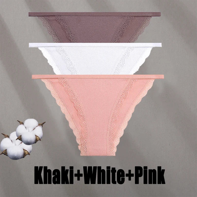 3PCS Women‘s Cotton Lace Panties Low Waist Briefs Comfortable Underwear Ladies Solid Color Underpants Girls Breathable Panty New