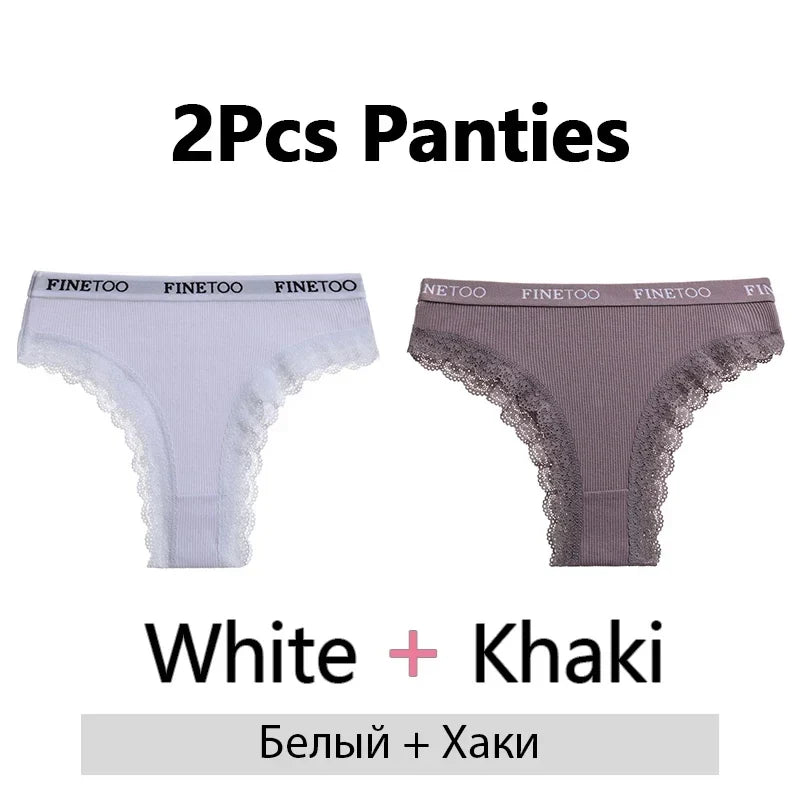 FINETOO 2Pcs/Set Women Cotton Brazilian Panties Plus Size M-2XL Lingerie Sexy Lace Underwear Low Rise Girls Intimates Underpants