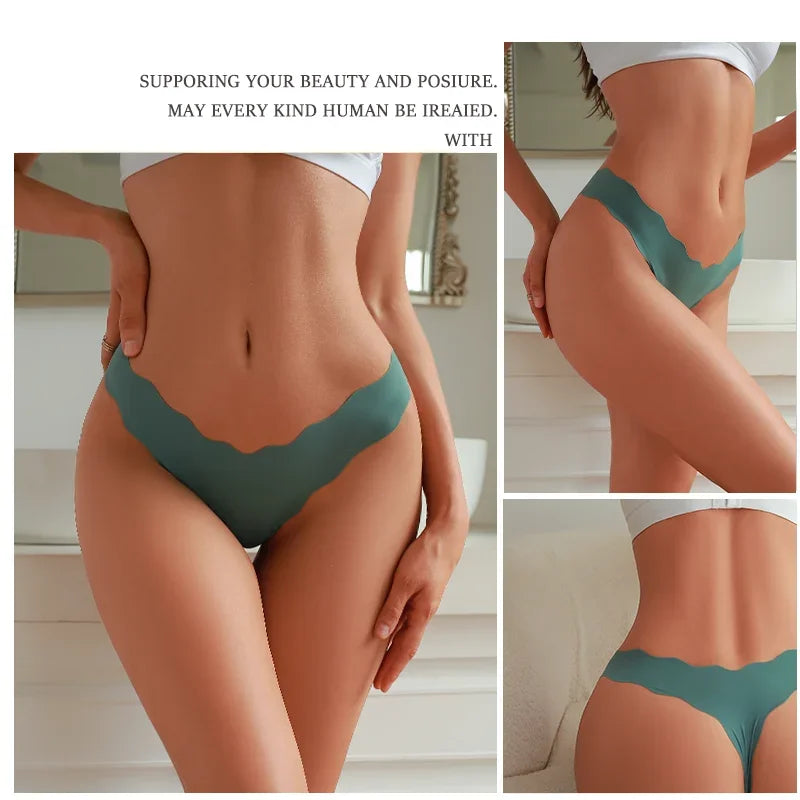 4Pcs Women Seamless Panties Wavy Design Ultra-thin Thongs Women Ice Silk Underwear Sexy Panty Low Waist G-string Female Solid