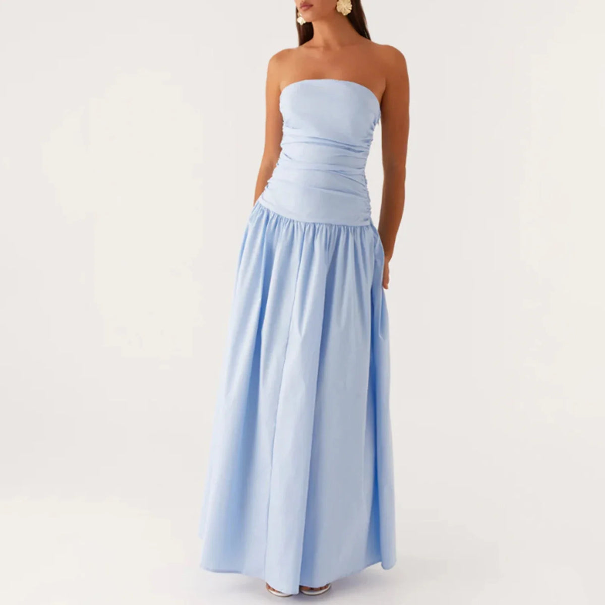 Elegant Strapless Maxi Tube Dress Women Ruched Long Sundress Boat Neck Sleeveless Strapless Flowy Dresses Party Clubwear